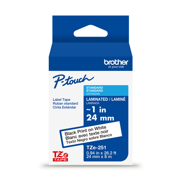 Brother P-touch TZe251 Black Print on White Label Tape 1 in x 26.2 ft Laminated 1-Piece